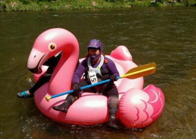 Floating in a pink flamingo float on the Nantahala River - Endless River Adventures